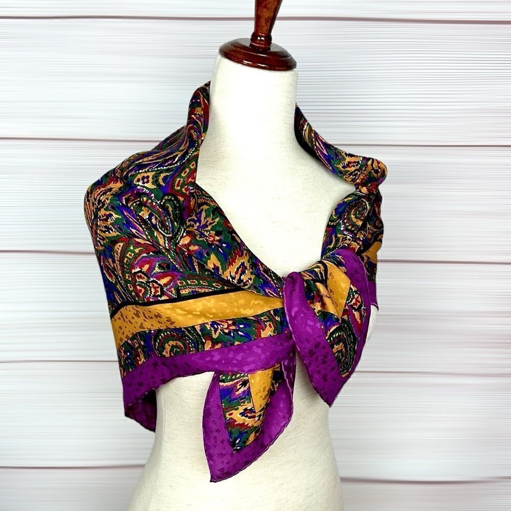 GIVENCHY for The Leadings Hotels of World Silk Scarf Purple Gold Hand Rolled - Picture 7 of 10